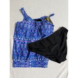 Bikinx Women XXL Blue Tribal Print Blouson Tankini Set Two Piece Swimsuit New